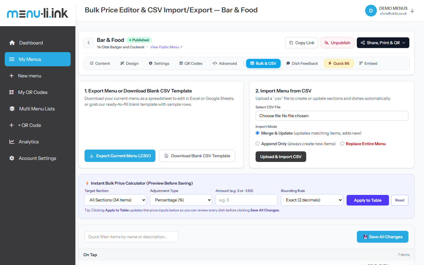 Menu Link Bulk Price Editor and Smart Calculator
