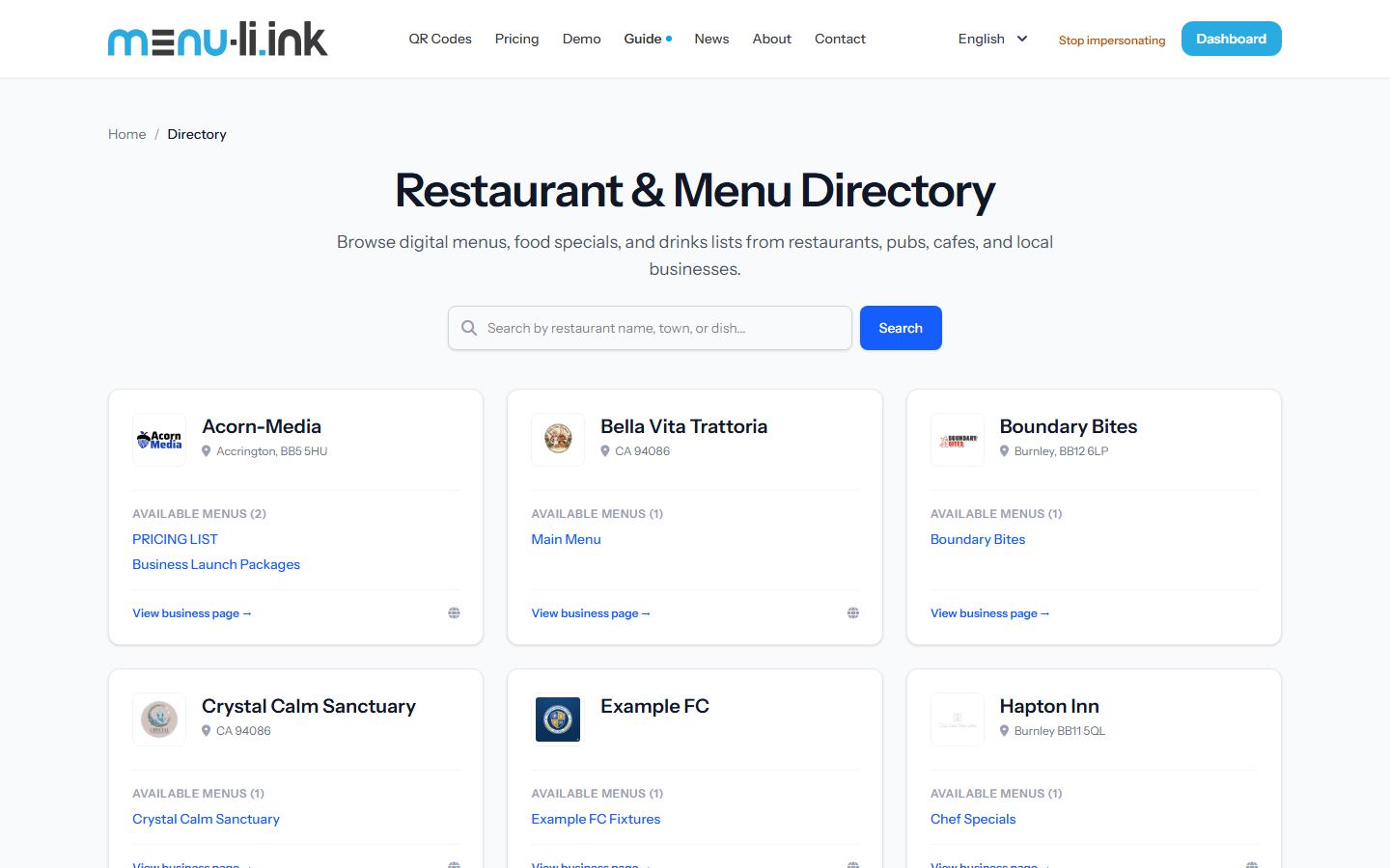 Public Restaurant and Menu Directory