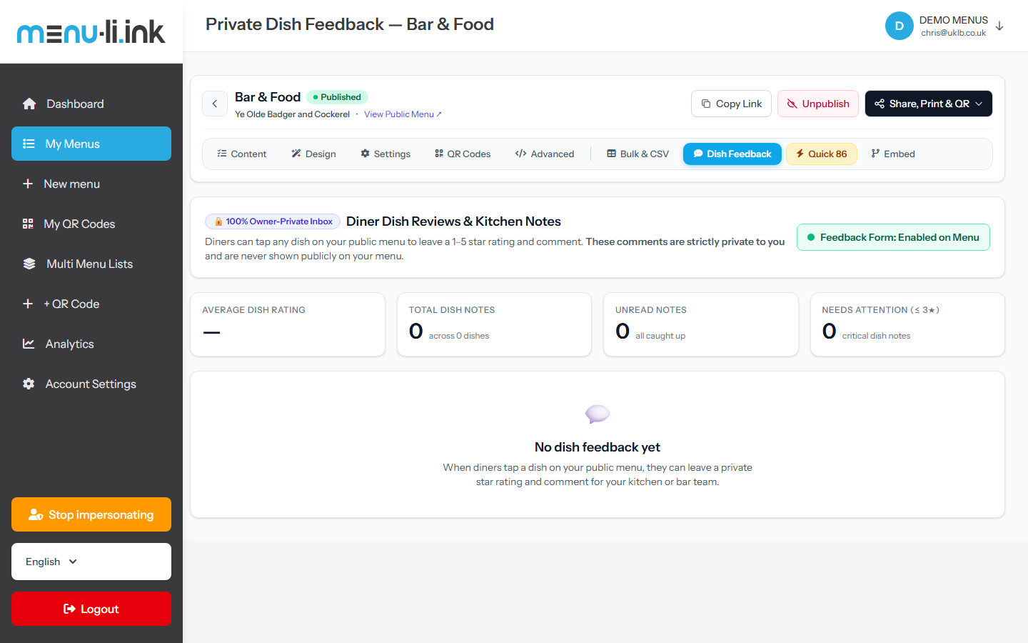 Menu Link Owner Private Dish Feedback Dashboard