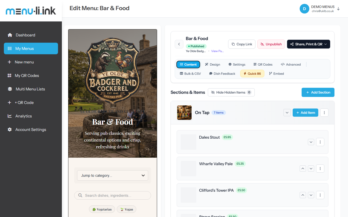 Interactive Menu Editor & Live Smartphone Preview