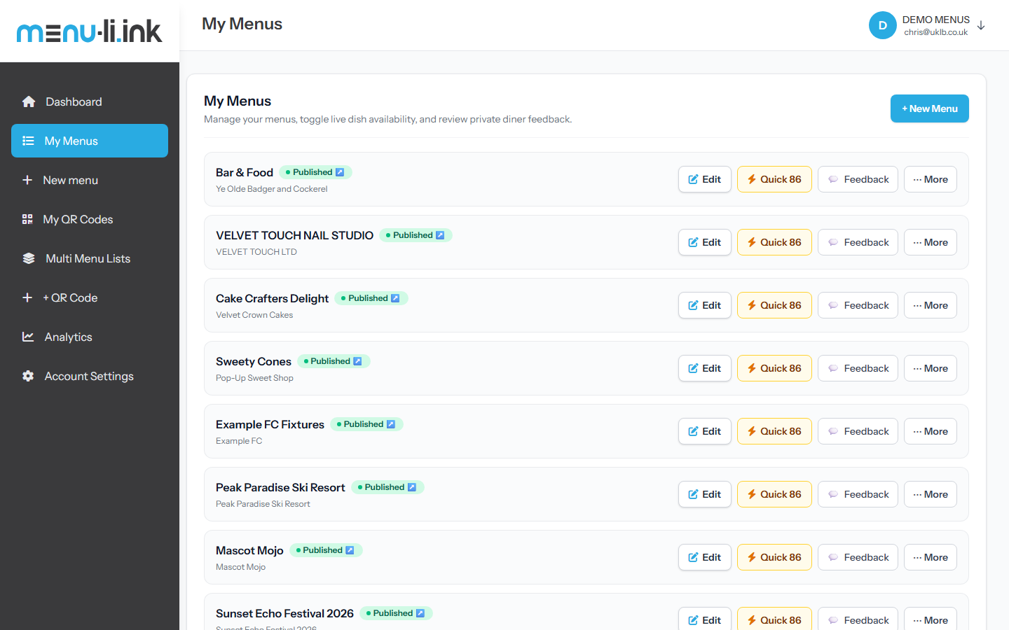 Menu Link My Menus Dashboard View