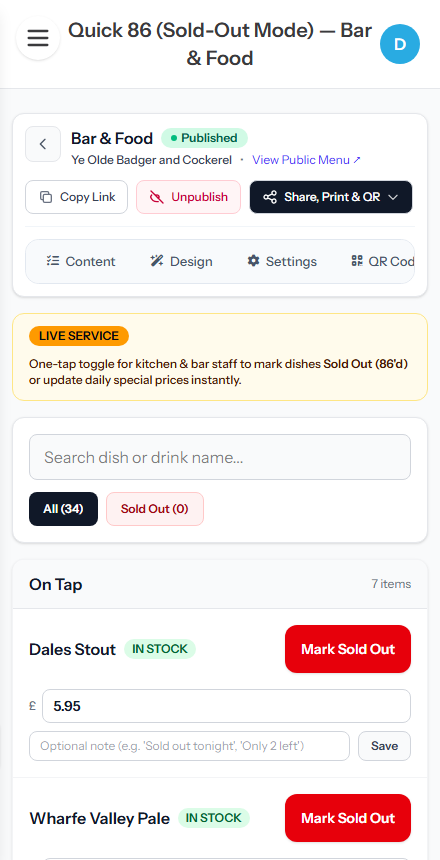Menu Link Mobile Quick 86 Live Service Mode