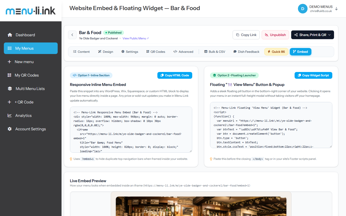 Menu Link Website Embed Generator